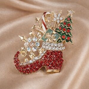 Christmas Stocking Brooch – Red Crystal Holiday Pin with Tree &Candy Cane Design